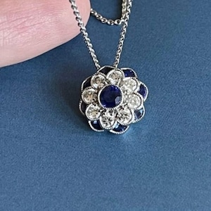 Antique Floral Inspire Necklace, Circa 1930&#39;s Art Deco Sapphire Pendant Necklace, Fancy & Round Gemstone Necklace, Woman&#39;s Wedding Necklace
