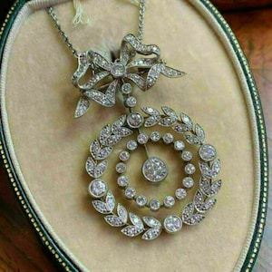 Antique Leaf Inspire Wedding Necklace, Bow Motif Art Deco Style Necklace, Unique Edwardian Pendant, Round CZ Stone Woman&#39;s Pendant Necklace