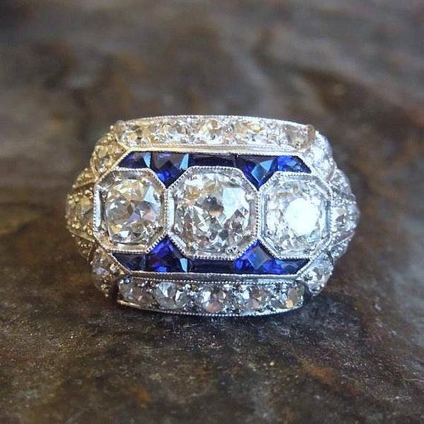 Three Stone Vintage Wedding Ring, Sapphire & Old European Cut CZ Stone Ring, Edwardian Engagement Ring, Gift For Mother, Art Deco Ring