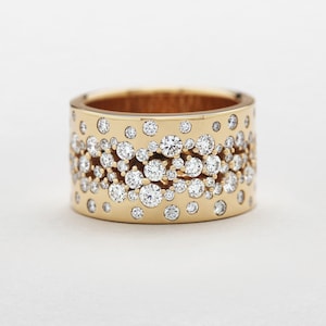 Flush Set Round Cut CZ Stone Band, 14K Yellow Gold Cigar Band, Cocktail Wide Band, Wedding Engagement Band, Proposal Band, 925 Silver Band