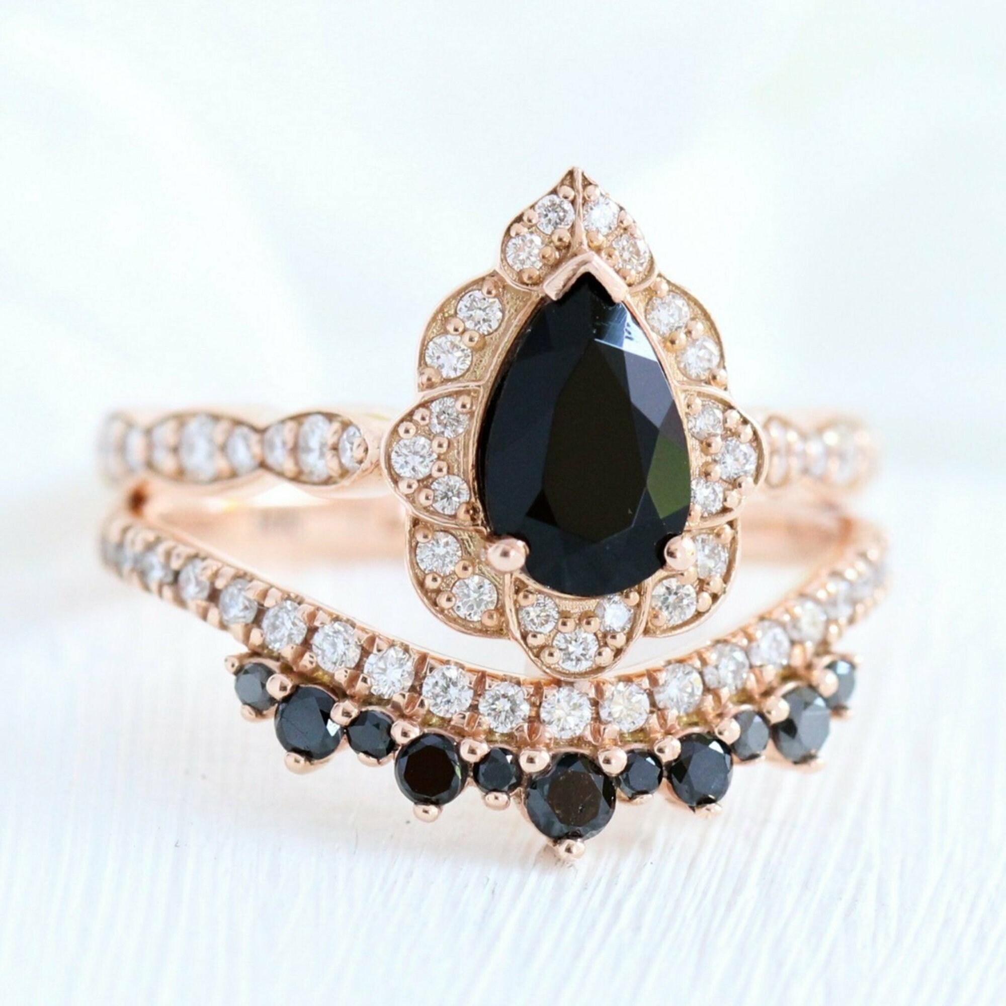 Black Teardrop Diamond Engagement Ring Set / Vintage Wedding Etsy