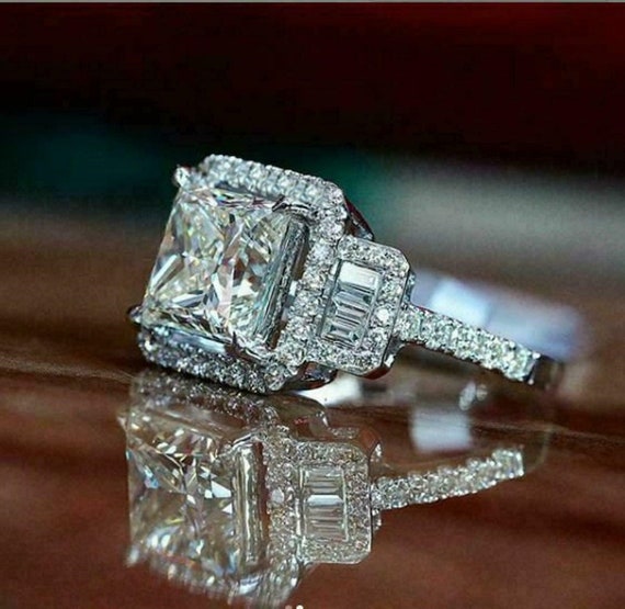 Colorless Princess Side Baguette Cut Diamond Ring Halo Set