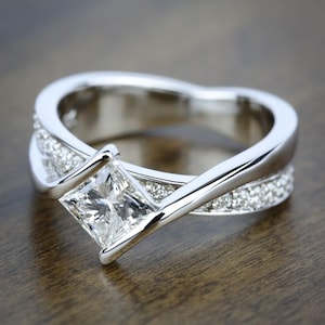 Tension Set Twisted Shank Ring, Princess Cut CZ Stone Engagement Ring, Wedding Bridal Ring, Christmas Gift Ring For Her, White Gold Ring