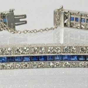 Art Deco Edwardian Bracelet, Sapphire Vintage Style Bracelet, Blue Princess & Round Cut CZ Stone Tennis Bracelet, Women&#39;s Wedding Bracelet