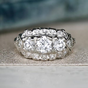 Three Stone Engagement Ring, Vintage Inspire Ring For Women, Round Cut CZ Stone Wedding Ring, 14k White Gold Art Deco Ring, Antique Jewelry