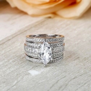Conjunto de anéis com pedra CZ Marquise, conjunto de três peças empilháveis, conjunto de alianças de casamento, conjunto de três anéis femininos, conjunto de alianças de noivado em ouro 18K