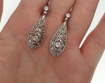 Circa 1925 Art Deco Drop Dangle Earring, Round Cut Diamond Estate Earring, Openwork Filigree Ring, Teardrop Vintage Style Earring In Silver