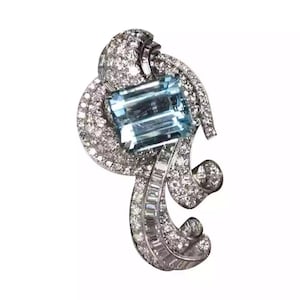 Circa 1935 Antique Art Deco Gemstone Brooch, Aquamarine Emerald Cut CZ Stone Victorian Brooch, 925 Silver Birthstone Brooch, Wedding Brooch