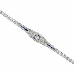 Art Deco Sapphire Bracelet, Blue Baguette & Round Cut CZ Stone Retro Bracelet, Wedding Bracelet For Bride, 925 Silver Edwardian Bracelet