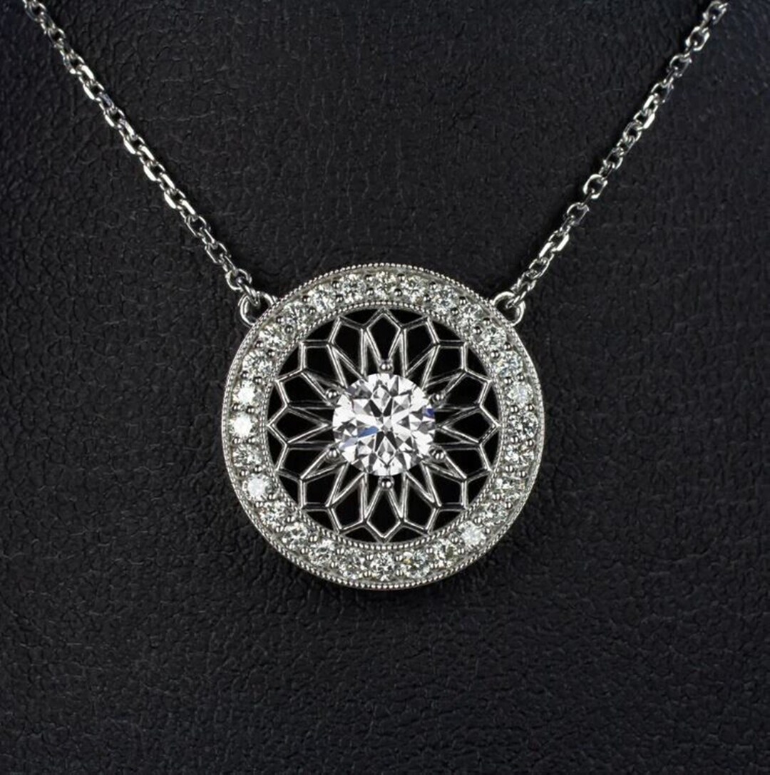 Art Deco Vintage Pendant Necklace, Round Cut Diamond Pendant Necklace