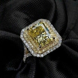 Yellow Radiant Cut CZ Stone Ring, Double Halo Wedding Bridal Ring, Split Shank Engagement Ring, Party Wear Ring For Her, Birthstone Ring