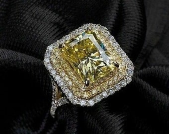 Yellow Radiant Cut CZ Stone Ring, Double Halo Wedding Bridal Ring, Split Shank Engagement Ring, Party Wear Ring For Her, Birthstone Ring
