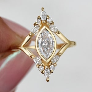 Marquise Cut CZ Stone Wedding Ring, 14K Yellow Gold Engagement Ring, Bezel Set Split Shank Ring, Unique Bridal Ring, Promise Ring For Her