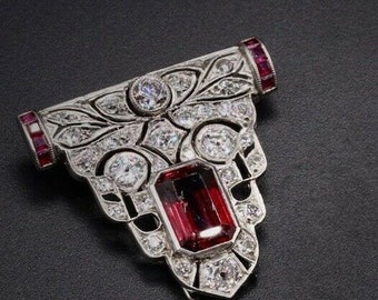 Red Emerald & Pink Baguette Cut CZ Stone Brooch, Vintage Inspire Art Deco Brooch, Antique Openwork Retro Brooch, Anniversary Gift Brooch