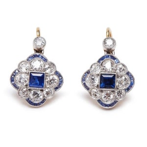 Antique Edwardian Dangle Earrings, Multi Shape CZ Stone Drop Earring, Art Deco Sapphire Earring, Two Tone Lever Back Earring, Birthday Gift