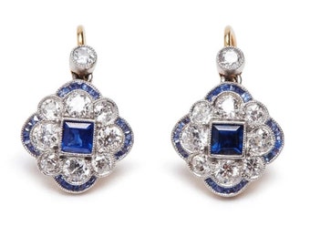 Antique Edwardian Dangle Earrings, Sapphire Princess, Baguette & Diamond Earring, Art Deco 925 Silver Earring, Victorian Lever Back Earring