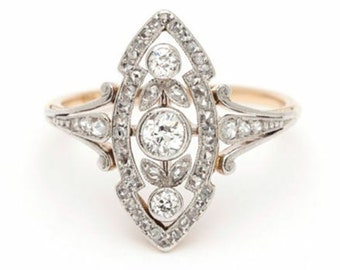 Art Nouveau Diamond Navette Shape Ring, Bezel Set Round Cut Diamond Ring, Long Dinner Ring, Antique Two Tone Women's Ring, Delicate Jewelry