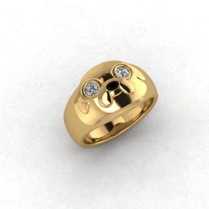 Anello ispirato ai cartoni animati Jake The Dog, anello ispirato agli animali, anello con tre pietre, anello con pietra CZ ovale e rotonda, anello in oro 14K per uomo, regalo per lui