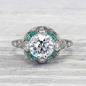 Art Deco Wedding Ring, Old European & Green Baguette Cut CZ Stone Ring, Antique Engagement Ring, Engrave Vintage Inspire Ring, Birthday Gift