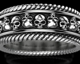Gothic Skull Wedding Band Ring, Men’s Skull Eternity Band, Skull Eternity Stackable Biker Ring, Vintage Ring For Man, Glossy Skull Band