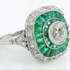 Green Baguette and White Old Mine Cut Diamond Engagement Ring - Etsy