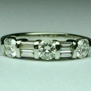 Baguette & Round CZ Stone Band, Seven Stone Half Eternity Band, Stacking Band Ring For Her, Classic Wedding Band, 14K Gold Engagement Band
