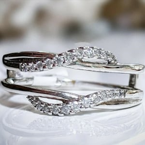 Women&#39;s Enhancer Guard Band Ring, Round CZ Stone Wedding Band Ring, Open Gap Dual Shank Band Ring, Engagement Band Ring, Wrap Guard Band