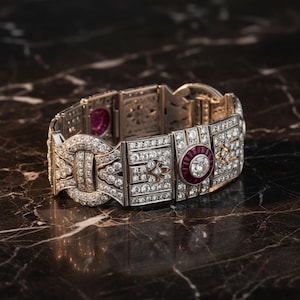 May include: An ornate, Art Deco-style bracelet. The bracelet features a series of rectangular and square links, each encrusted with numerous small, sparkling diamonds. Circular ruby accents are set within the design, adding a pop of color. The bracelet is made of a silver-toned metal.
