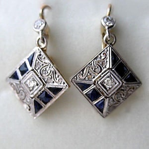Vintage Inspired Sapphire Dangle Earring, Multi Shape CZ Stone Art Deco Earring, Two Tone Gold Lever Back Dangle Earring, Edwardian Earring
