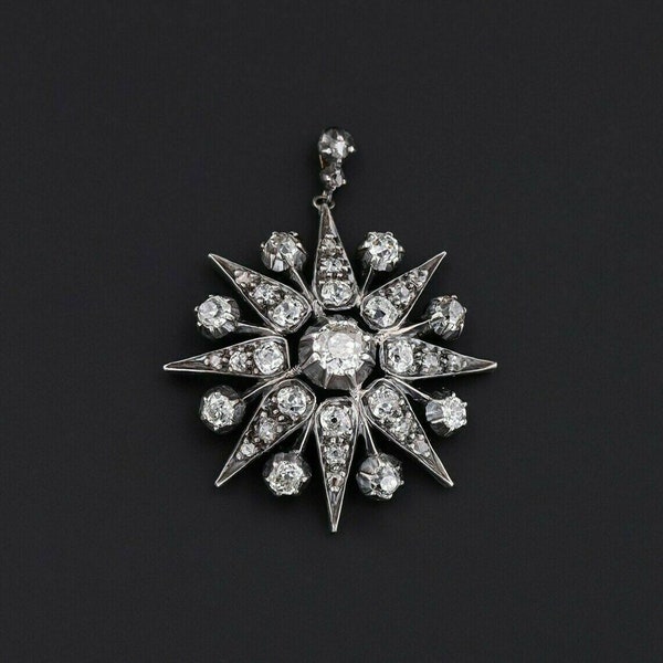 Circa 1860 colgante victoriano STAR, colgante de estilo vintage de diamantes de corte europeo antiguo, colgante Starburst, collar de boda eduardiano para mujer