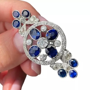 Victorian Sapphire Brooch Pin, Bezel Set Blue Oval & Cushion Cut CZ Stone Brooch, Antique Art Deco Gemstone Brooch, Edwardian Unisex Brooch