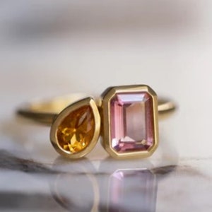 Bezel Set Two Stone Ring, Pear & Emerald Cut CZ Stone Toi Et Moi Ring, Gemstone Ring, Yellow Gold Engagement Ring, Promise Ring For Her