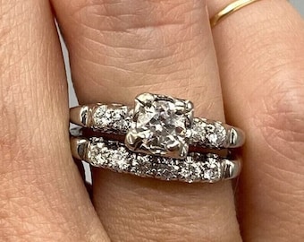 Vintage Style Wedding Bridal Ring Set, Old European Cut CZ Stone Art Deco Ring Set, Woman&#39;s Stackable Ring Set, 14K Gold Engagement Ring Set
