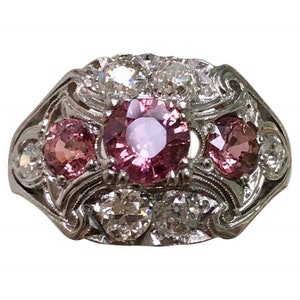 Art Deco-ring uit circa 1930, witte en roze ronde CZ stenen verlovingsring, antieke trouwring, 925 zilveren en gouden ring, cadeau voor moeder