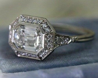 White Gold Halo Ring, Emerald Cut CZ Stone Ring, Milgrain Bezel Set Engagement Ring, Wedding Bridal Ring, Anniversary Gift Ring For Her