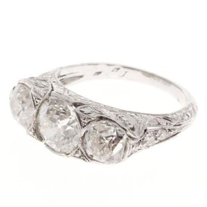 Anillo Art Déco de filigrana antigua, piedra de circonita cúbica de corte redondo, anillo de compromiso de tres piedras, anillo de bodas de plata 925 y oro para ella.