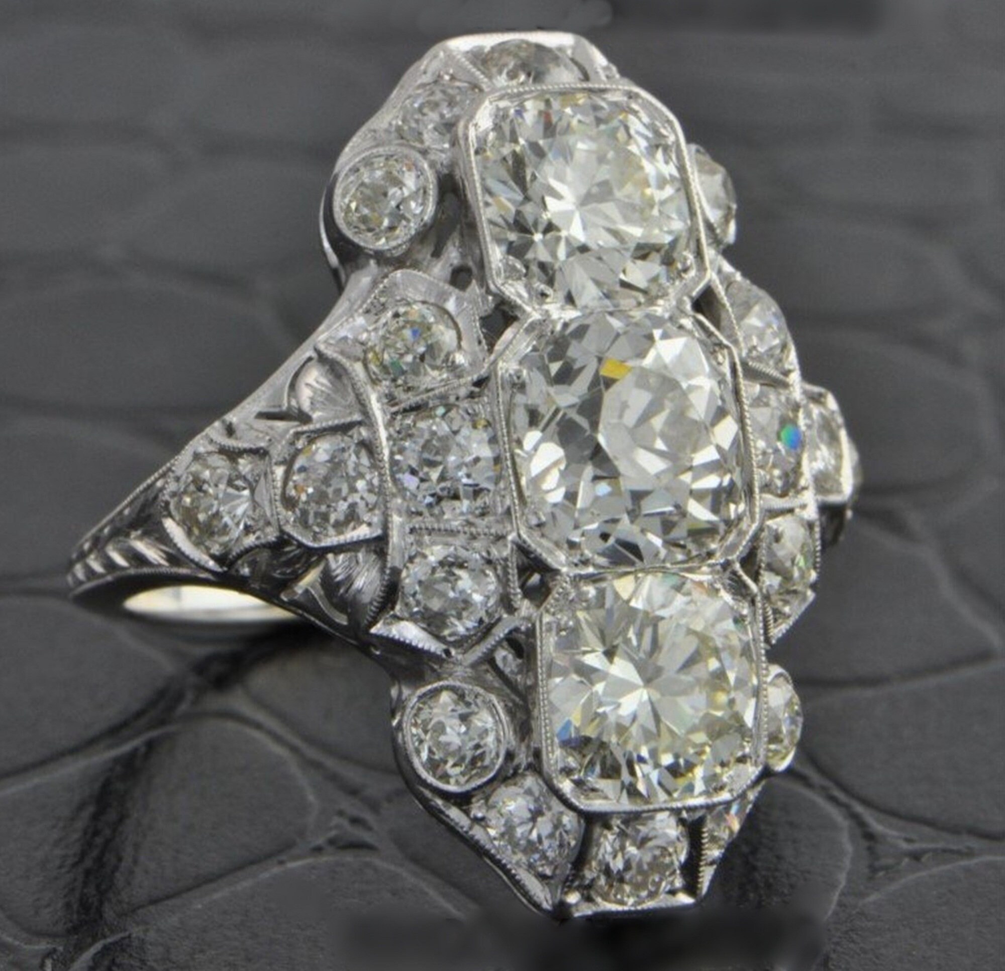 Victorian Art Deco Three Stone Ring, Round Cut CZ Stone Edwardian