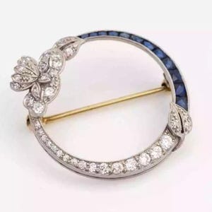 Circa 1915&#39;s Antique Edwardian Sapphire Brooch, Blue Baguette & Round CZ Stone Brooch, Open Circle Floral Leaf Motif Brooch, Wedding Brooch