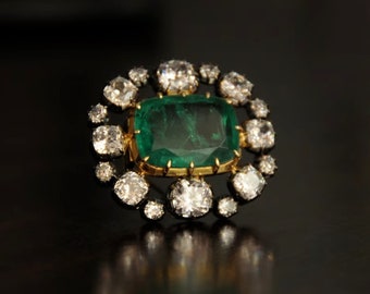 Green Cushion Cut CZ Stone Brooch, Halo Gemstone Brooch, Two Tone Vintage Inspire Brooch, 925 Silver Wedding Brooch, Birthday Gift Brooch