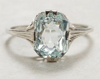 Antique Gemstone Ring, Aquamarine Radiant Cut CZ Stone Wedding Ring, Art Deco Engagement Ring, Solitaire Ring For Women, Birthday Gift Ring