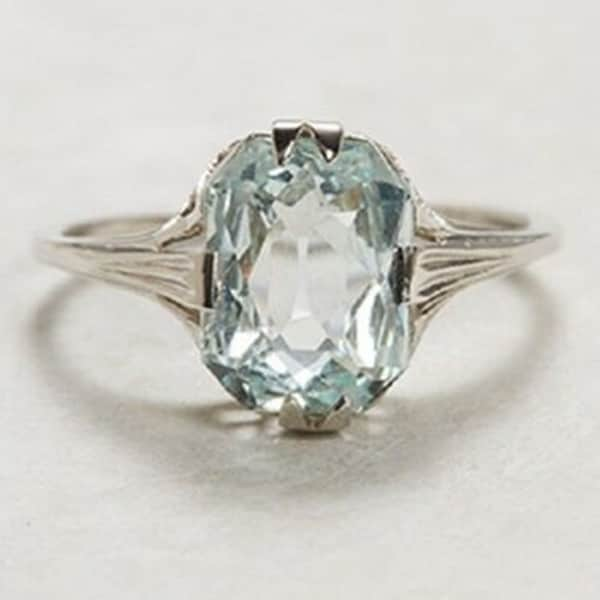 Latest Edwardian Style Solitaire Ring, Hexagon Shape Aquamarine Radiant Diamond Ring, Antique Mid-Century Ring, Gift For Her, Christmas Ring