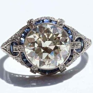 Antique Retro Engagement Ring, Blue Baguette & Old European Cut CZ Stone Edwardian Ring, Art Deco Sapphire Ring For Women, Mid-Century Ring