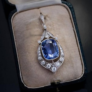 Art-Deco-Saphir-Anhänger, Party Wear-Anhänger für Frauen, Lünette gesetztes blaues Kissen und runder CZ-Stein-viktorianischer Anhänger, Retro-Hochzeitsanhänger