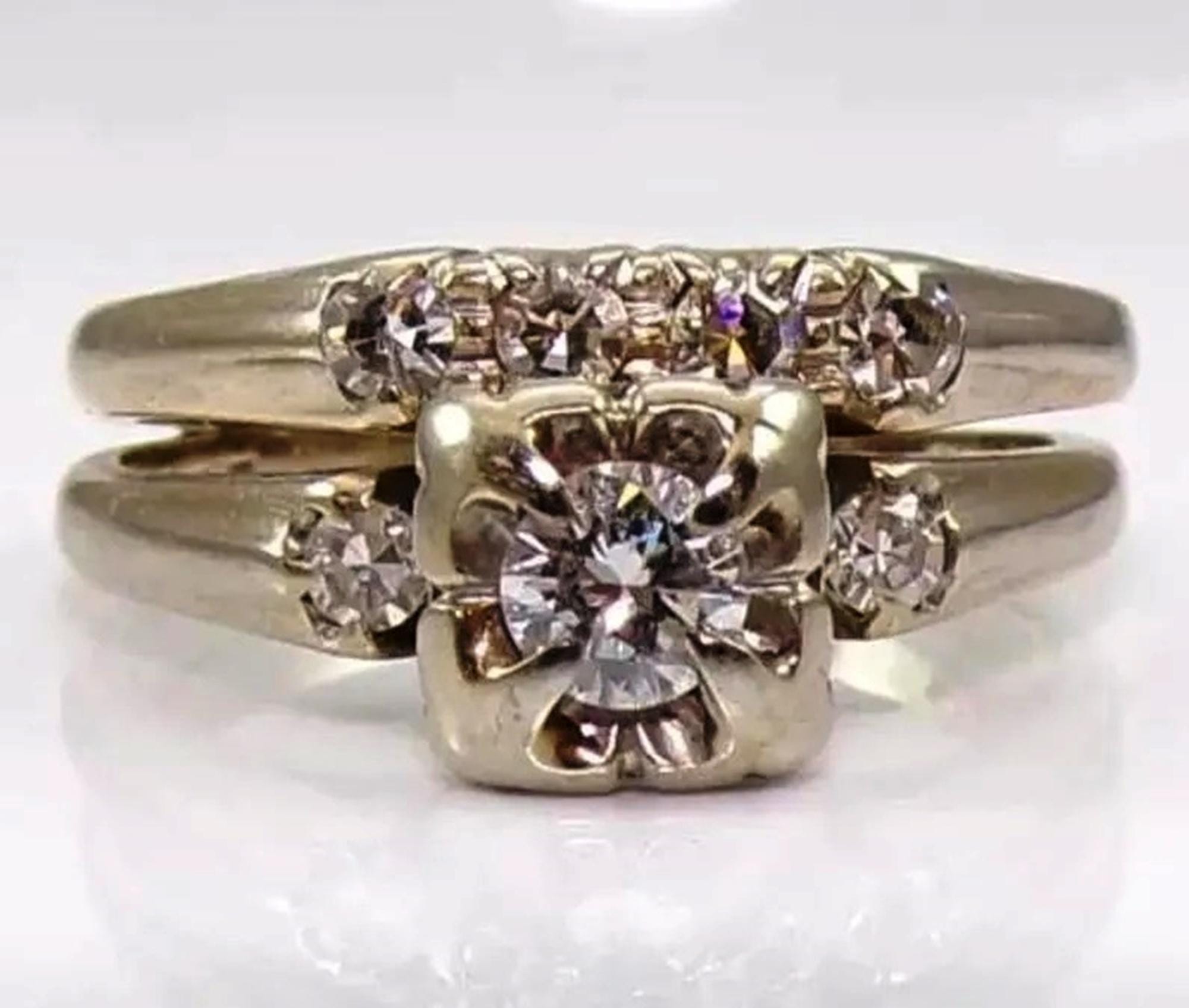 Circa 1890's Vintage Style Wedding Bridal Ring Set, Round Cut CZ Stone Art Deco Ring Set, Women's Stackable Ring Set, Engagement Ring Set
