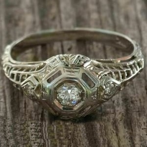 Old European Cut CZ Stone Art Deco Ring, Mid-Century Ring, Edwardian Wedding Ring, Three Stone Vintage Inspire Ring,  Antique Filigree Ring