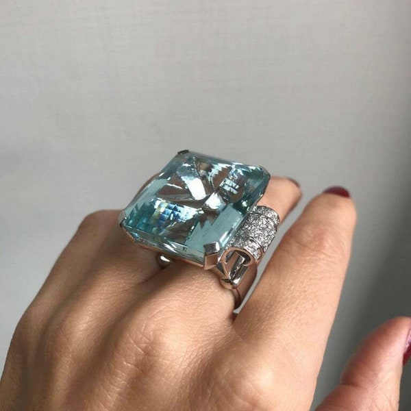 Aqua Emerald Cut Diamond Ring, Wedding Bridal Ring Collection, Party Wear Ring For Her, Womens Cocktail Ring, Large Women Trendy Ring