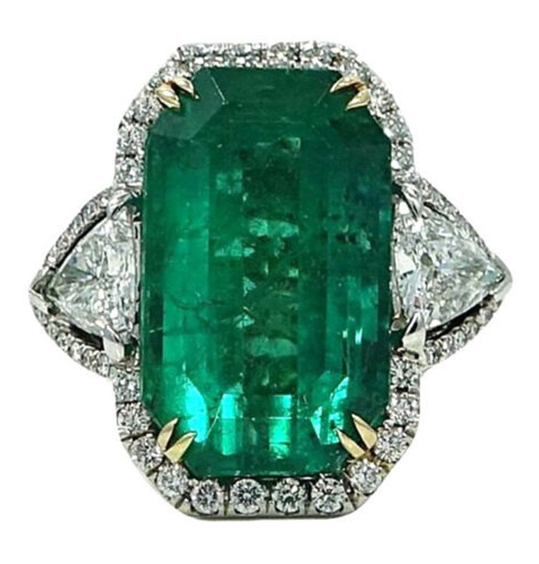 Preety Green Emerald and White Triangle Stone Ring, Three Stone Halo Set Diamond Ring