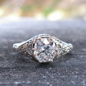 Antique Filigree Vintage Inspire Ring, Old Mine Cut CZ Stone Ring, Art Deco Engagement Ring, 14K White Gold Wedding Ring, Anniversary Gift