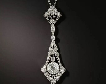 Antique Art Deco Necklace, Old European Cut CZ Diamond Necklace, Edwardian Necklace For Women's, Milgrain Bezel Set Pendant, Vintage Pendant
