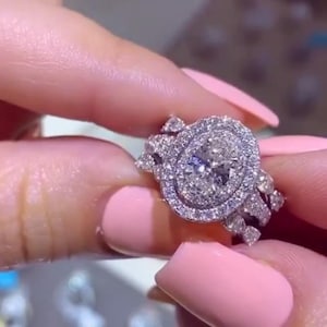 Double Halo Ring With Enhancer Band, Oval Cut CZ Stone Engagement Ring Set, Unique Wedding Bridal Ring Set, Stackable Ring Set, Fine Jewelry